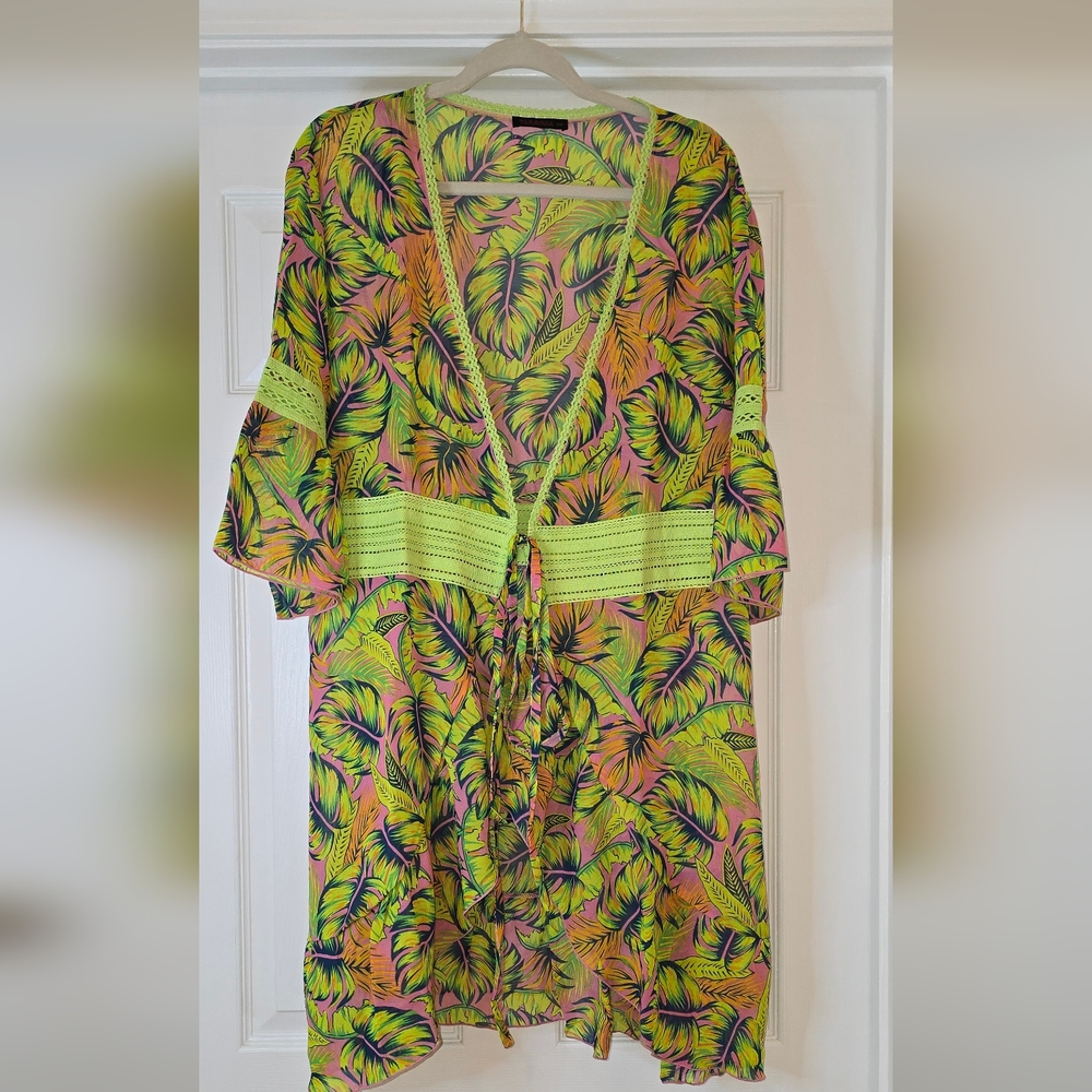 Tropical Leaf Print Kimono Cover-Up